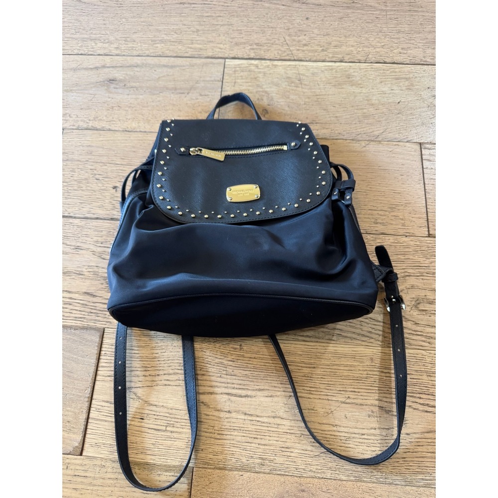 Michael Kors Black Studded Flap Backpack Convertible Shoulder Bag Purse